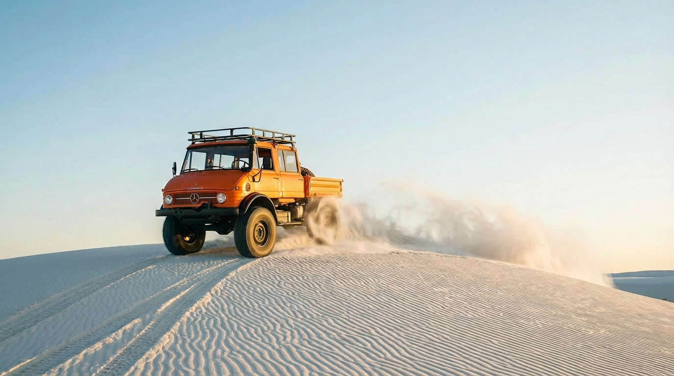 Car with motion blur and dust clouds