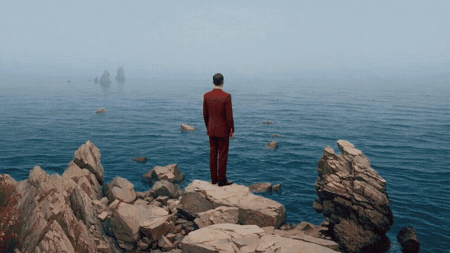 Example: Man in red suit looking at ocean with camera movement