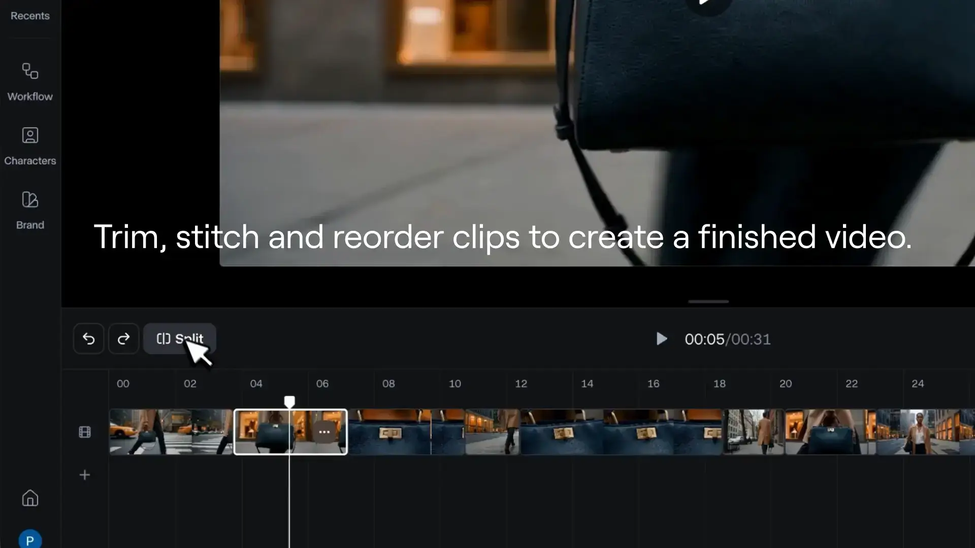 Runway video editing interface with timeline and playback controls
