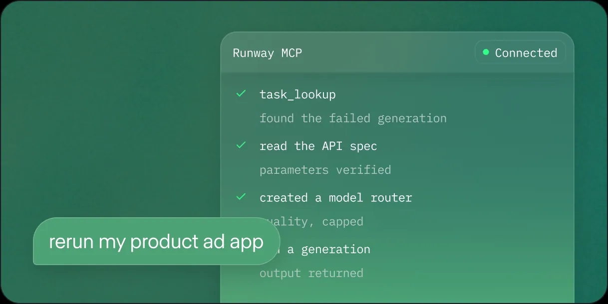 A coding agent using Runway MCP to inspect and rerun a product ad application.