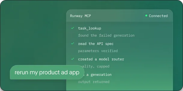 Terminal showing Runway MCP tool calls including task_lookup, API spec reads, and router creation