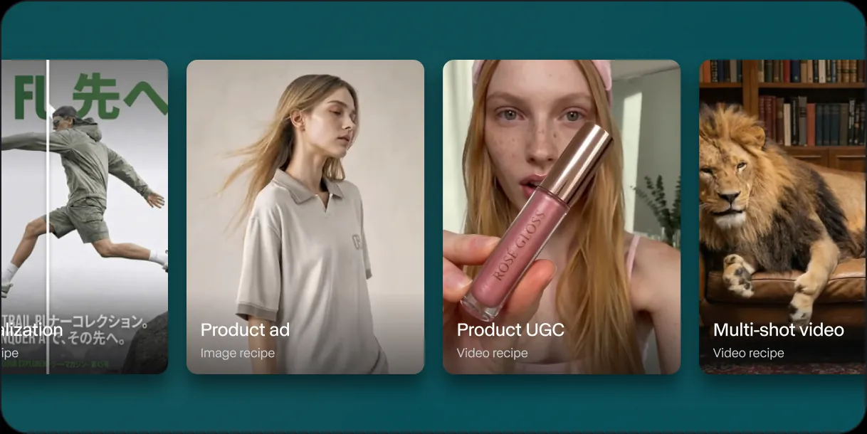 Recipe examples for ad localization, product ads, product UGC, and multi-shot video.