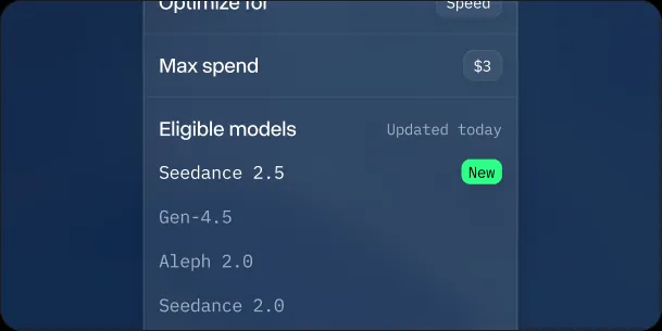 A model router configuration with Seedance 2.5 newly added to its eligible models.