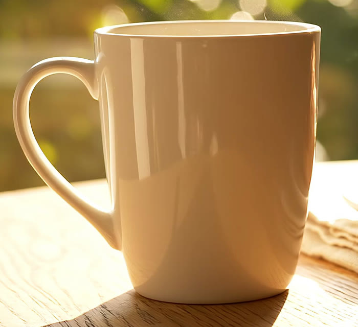 The plain white ceramic mug, cropped from the first frame of the reference video