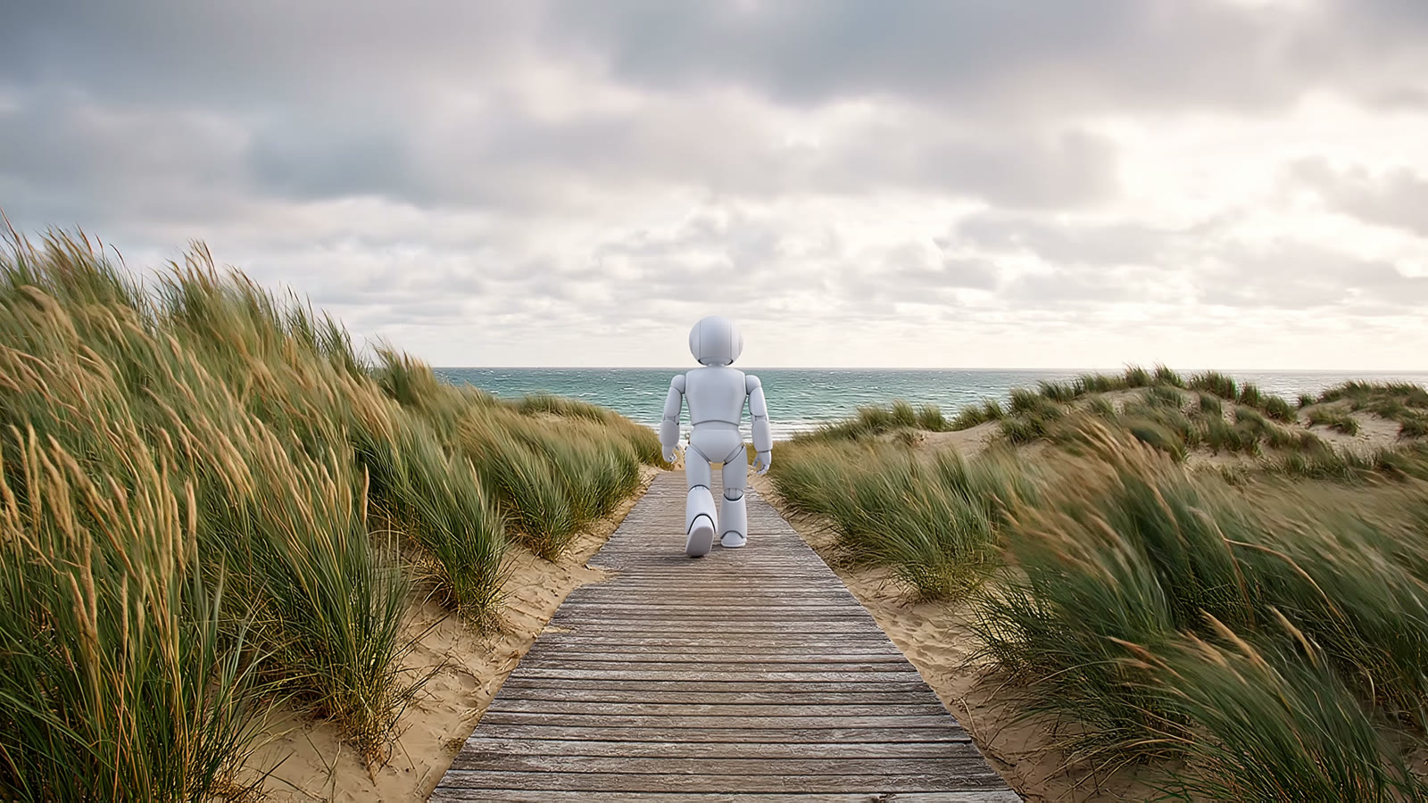 The first frame with the walker replaced by the white robot, seen from behind on the boardwalk