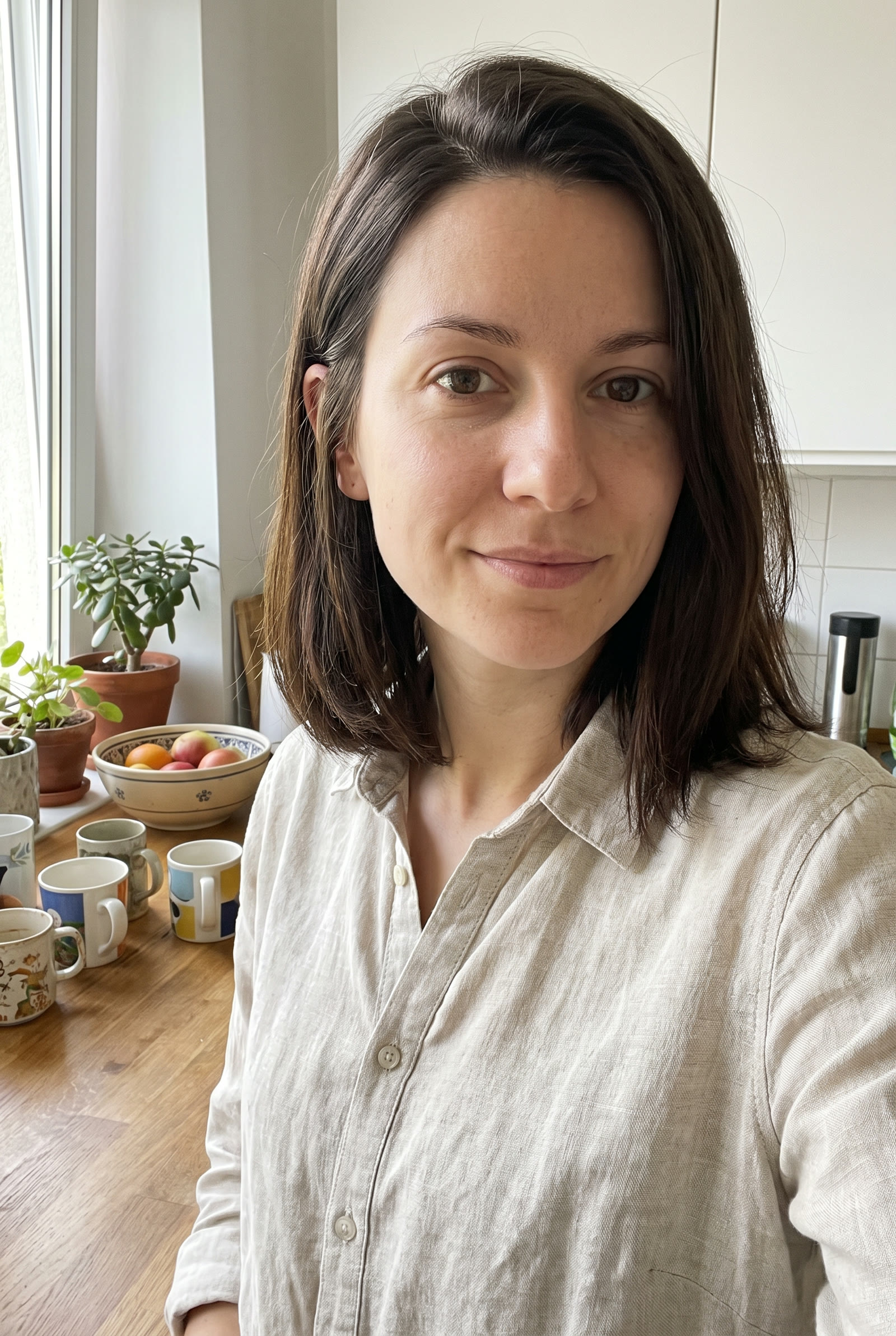 An AI-generated woman with shoulder-length dark hair and a linen shirt stands in a bright kitchen, framed from the waist up with empty hands