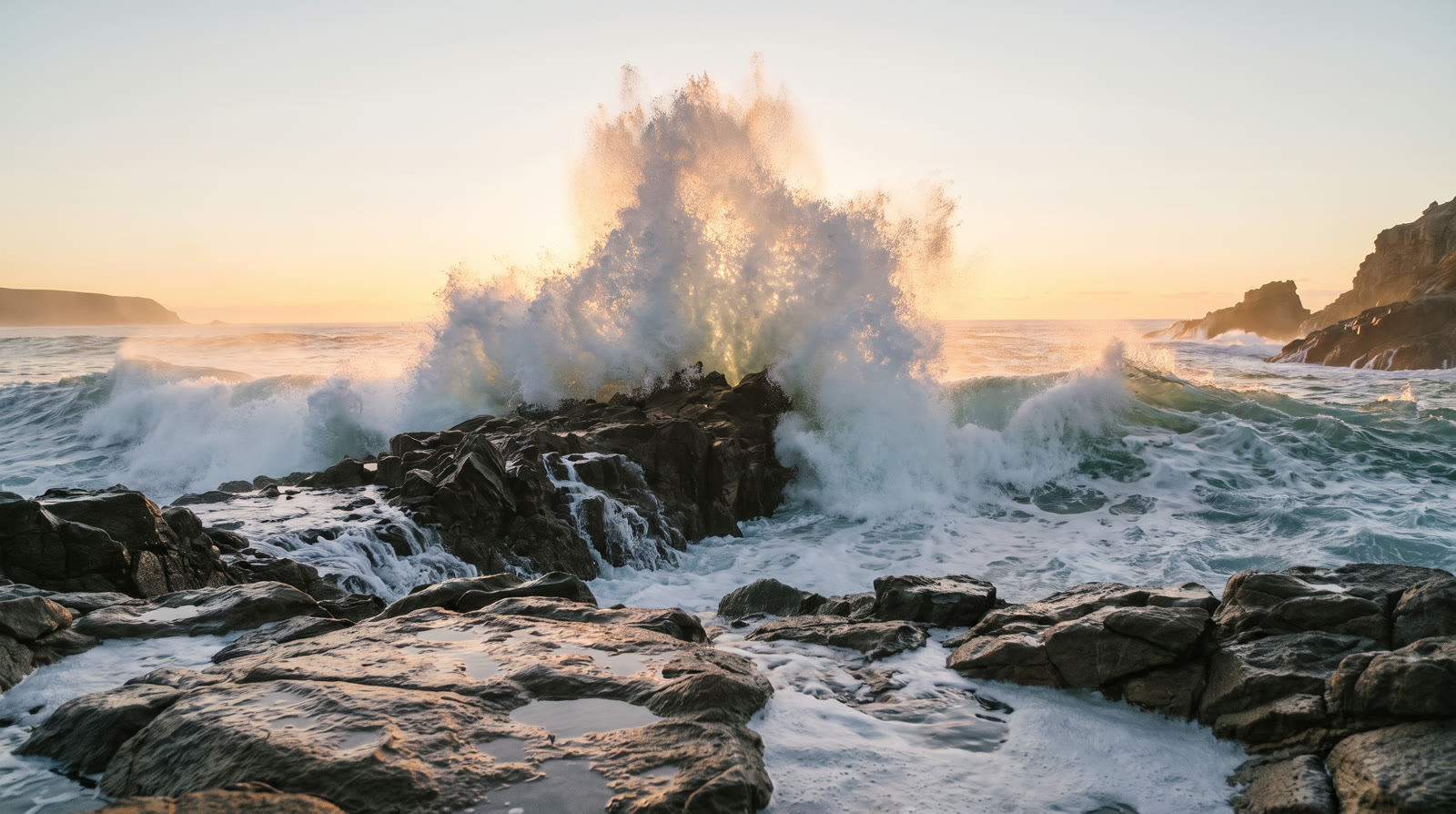 The same rocks as the wave crashes and white spray bursts over the outcrop