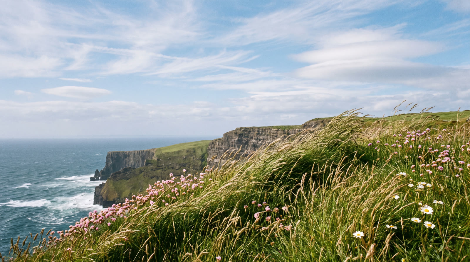 A grassy clifftop above the sea on a windy afternoon, long grass and wildflowers bent by the wind