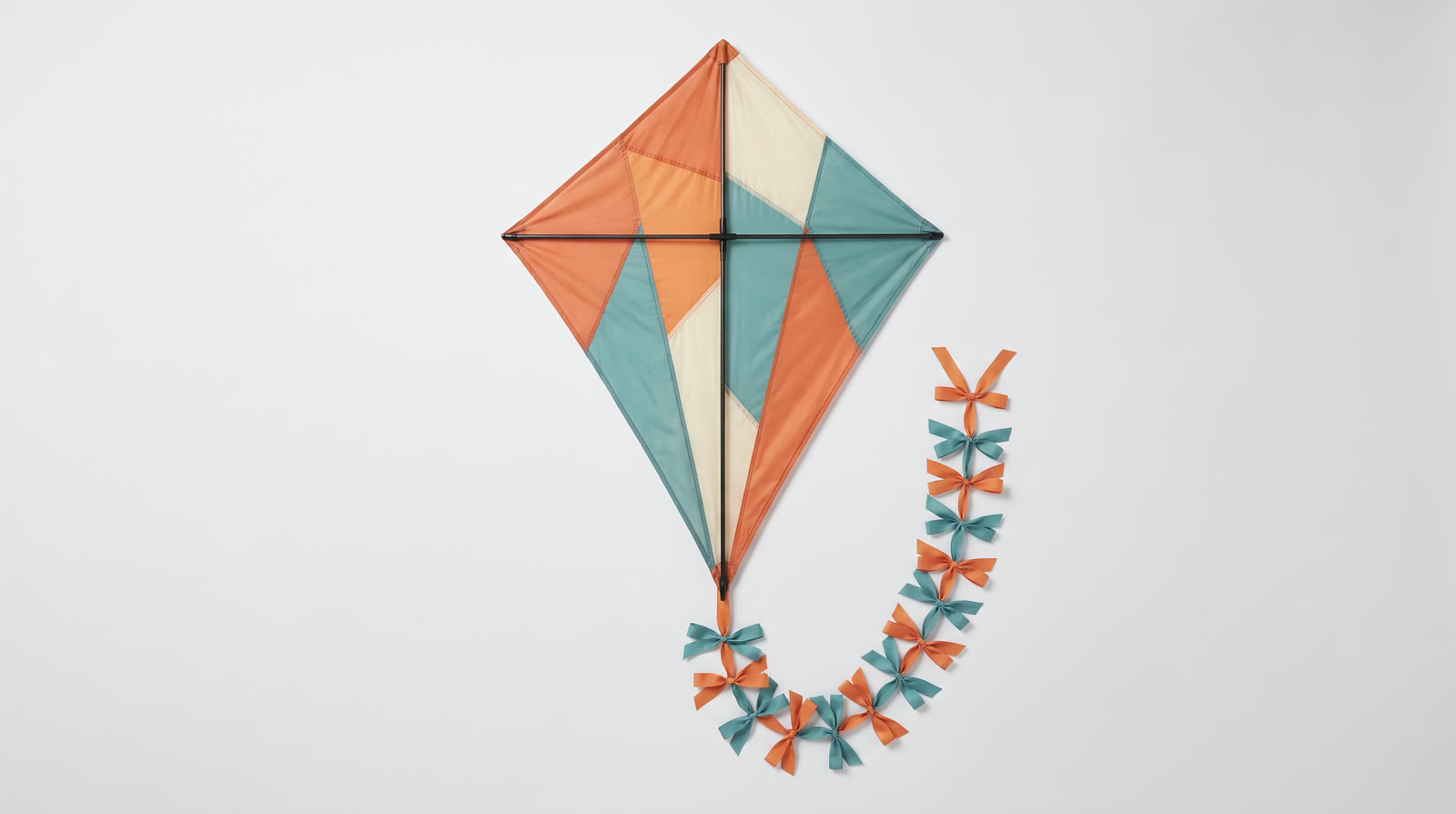 A diamond-shaped kite with orange, teal and cream panels and a tail of orange and teal ribbon bows