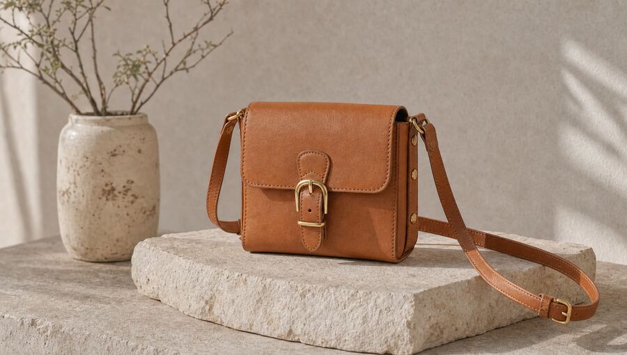 A tan leather crossbody bag on a stone plinth beside a ceramic vase of dry branches, against a sunlit plaster wall