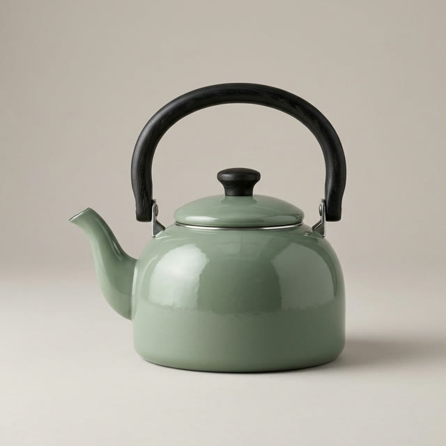 A sage-green enamel kettle with a black handle on a light grey background