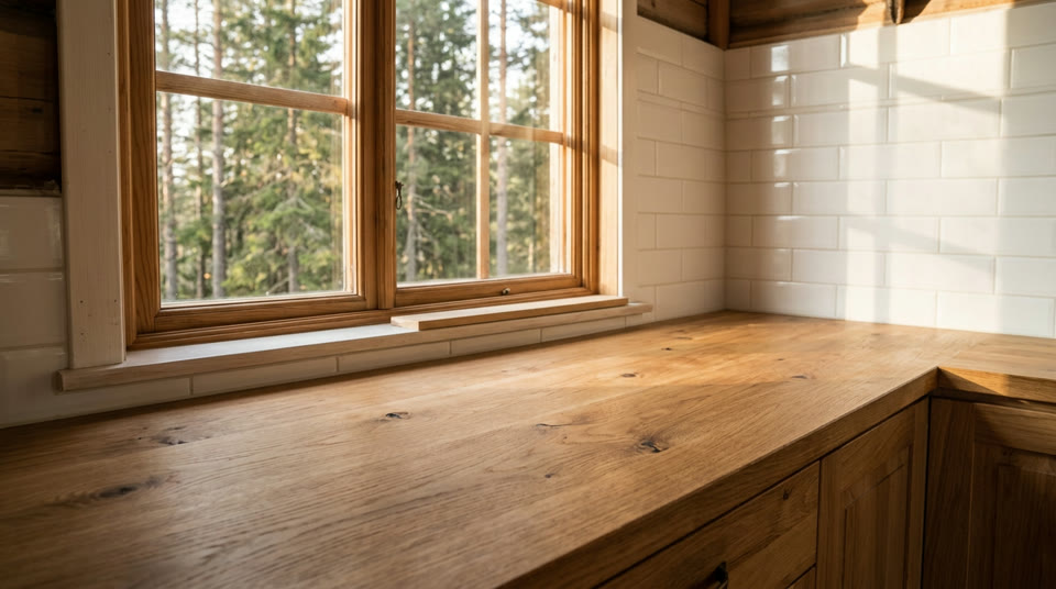 An empty oak counter in a cabin kitchen, a window onto pine trees behind it