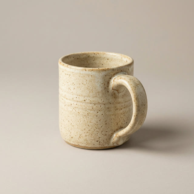 A speckled cream ceramic mug on a light grey background