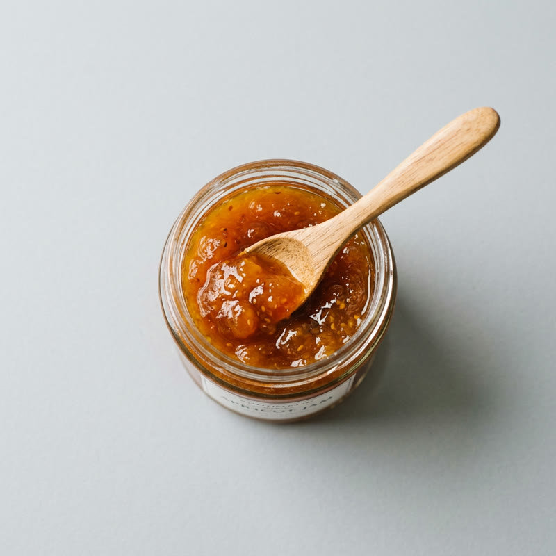 An open jar of apricot jam with a wooden spoon on a light grey background