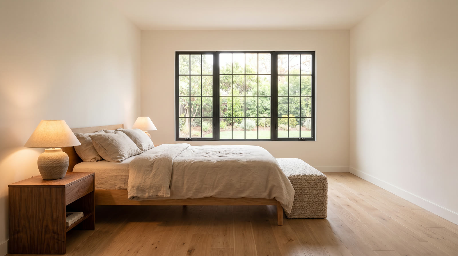 A bedroom with a low oak bed, linen bedding and a large black-framed window onto a garden