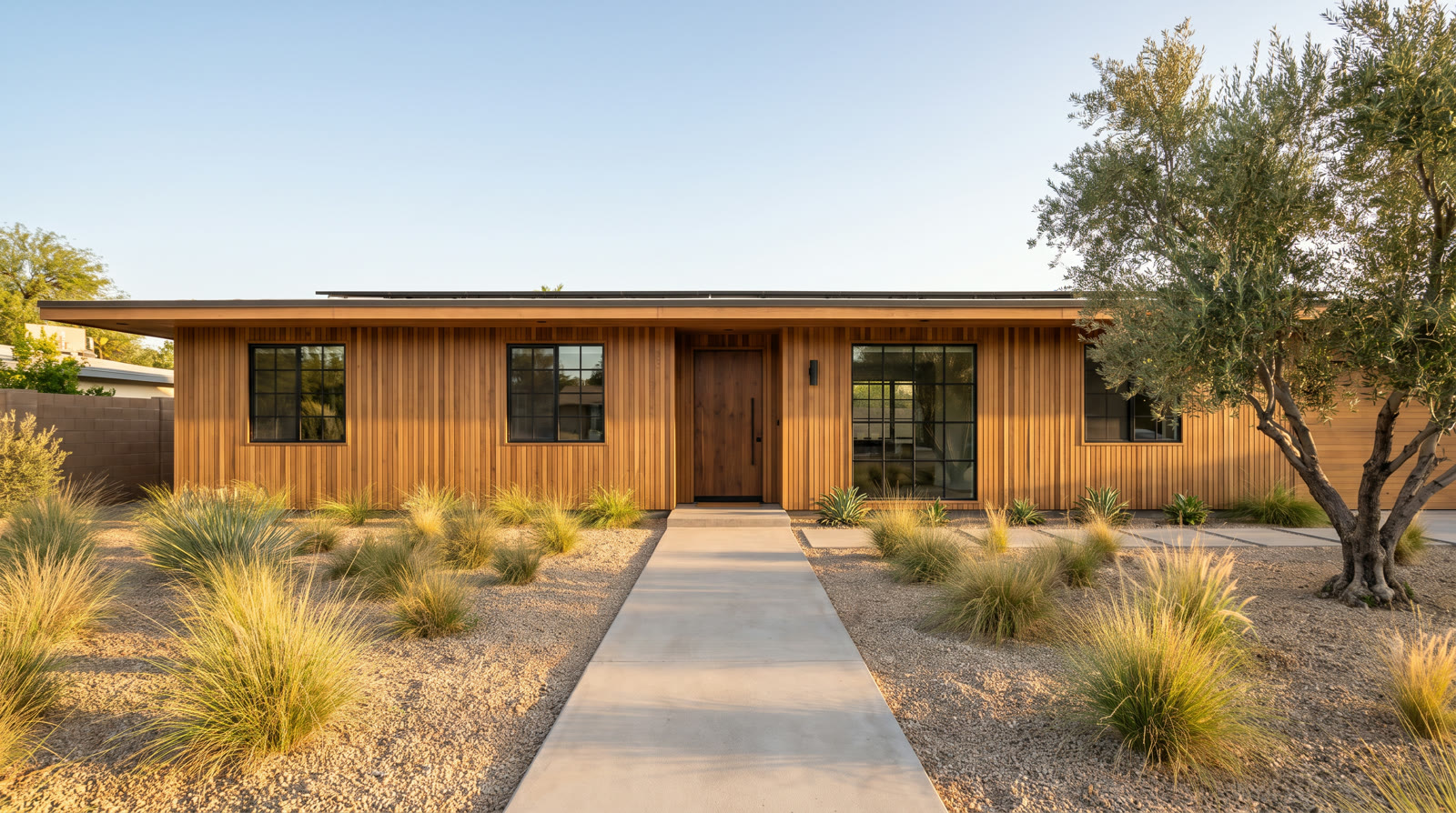 A cedar-clad mid-century house seen from the front path at golden hour
