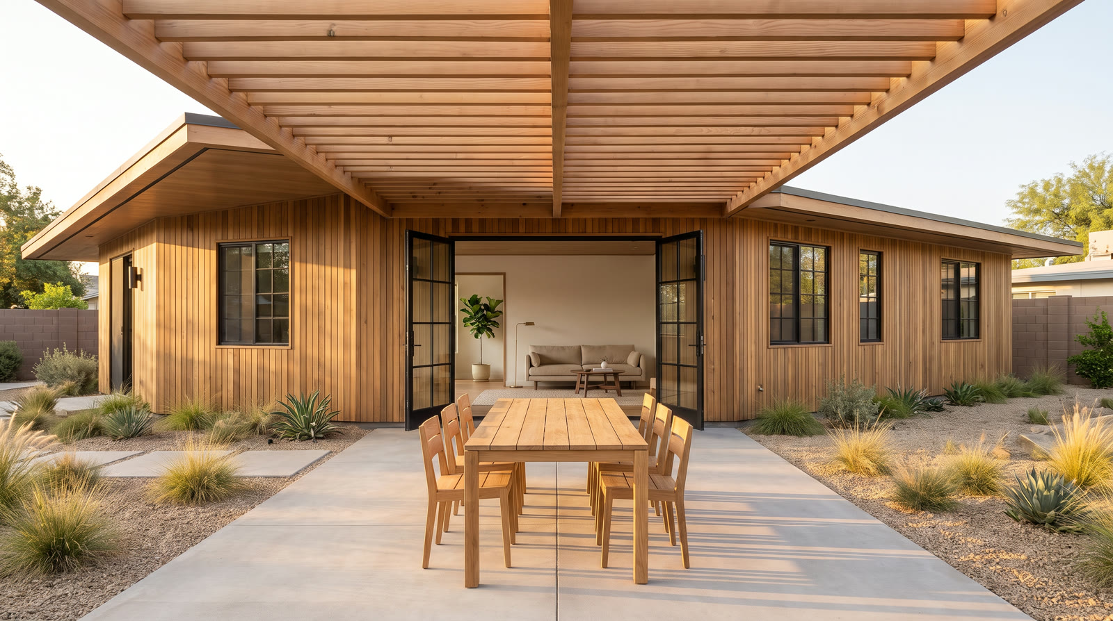A concrete patio under a cedar pergola with an oak dining table, facing the open glass doors of the house