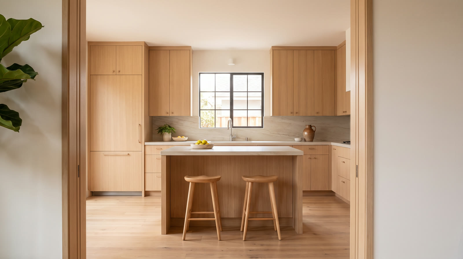 A kitchen with white oak cabinets and a stone island with two stools