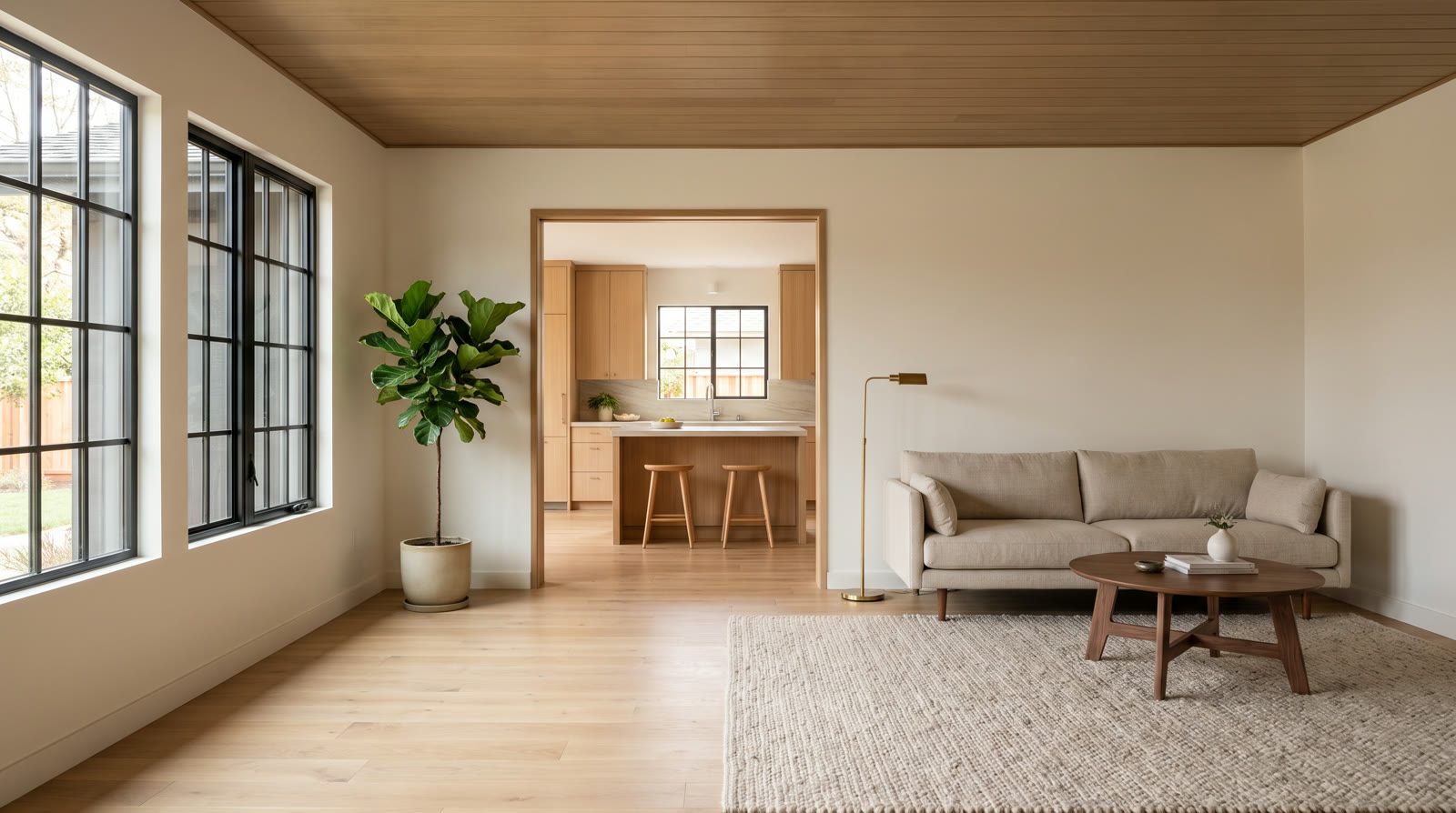A living room with a linen sofa and an open doorway to the kitchen