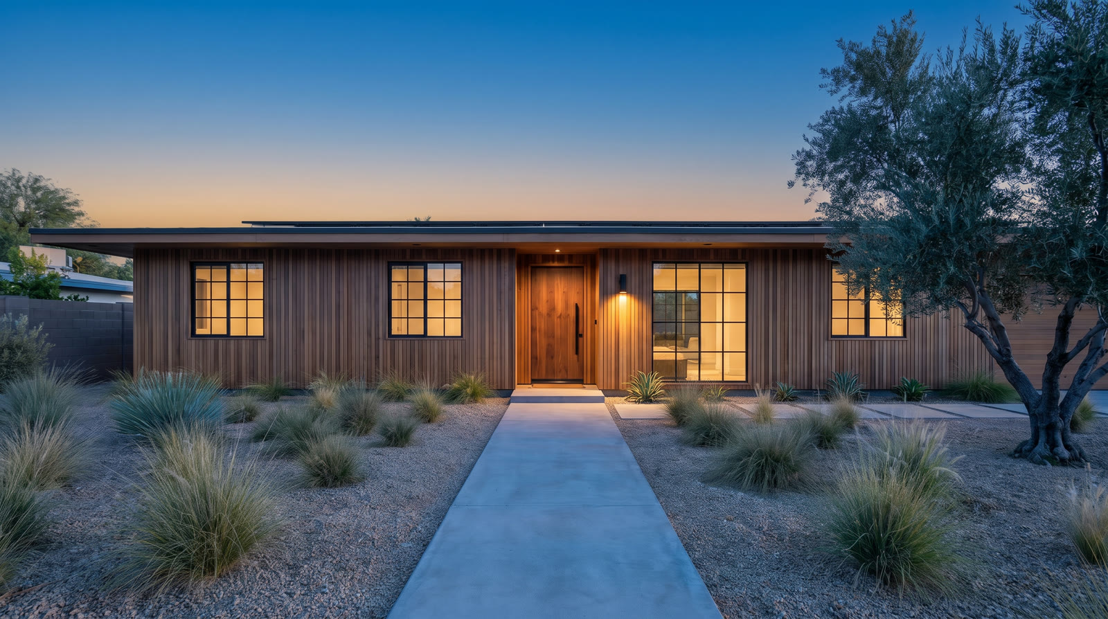The same house at dusk with a deep blue sky and warm light in the windows