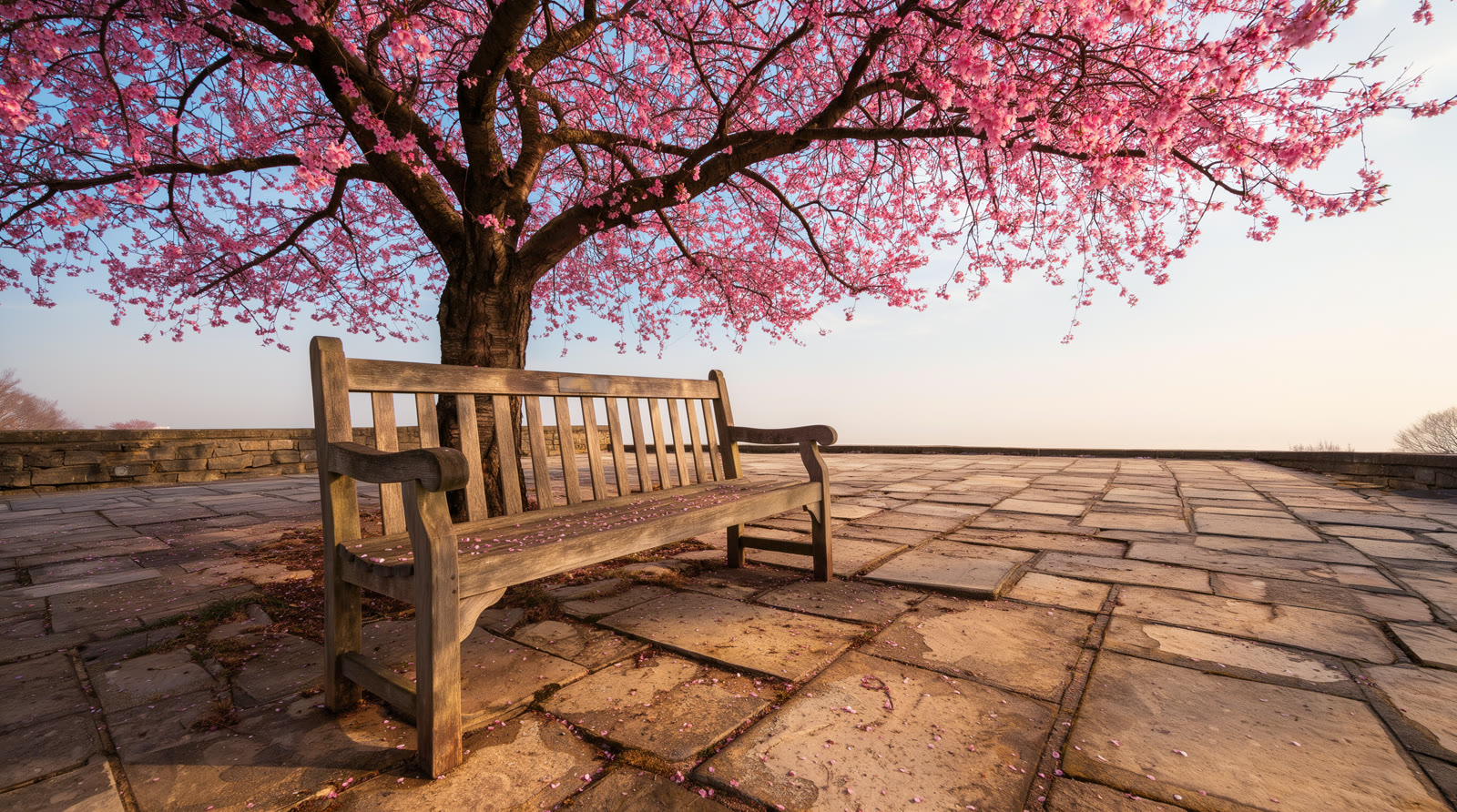 The same bench and tree in spring, the tree in pink blossom