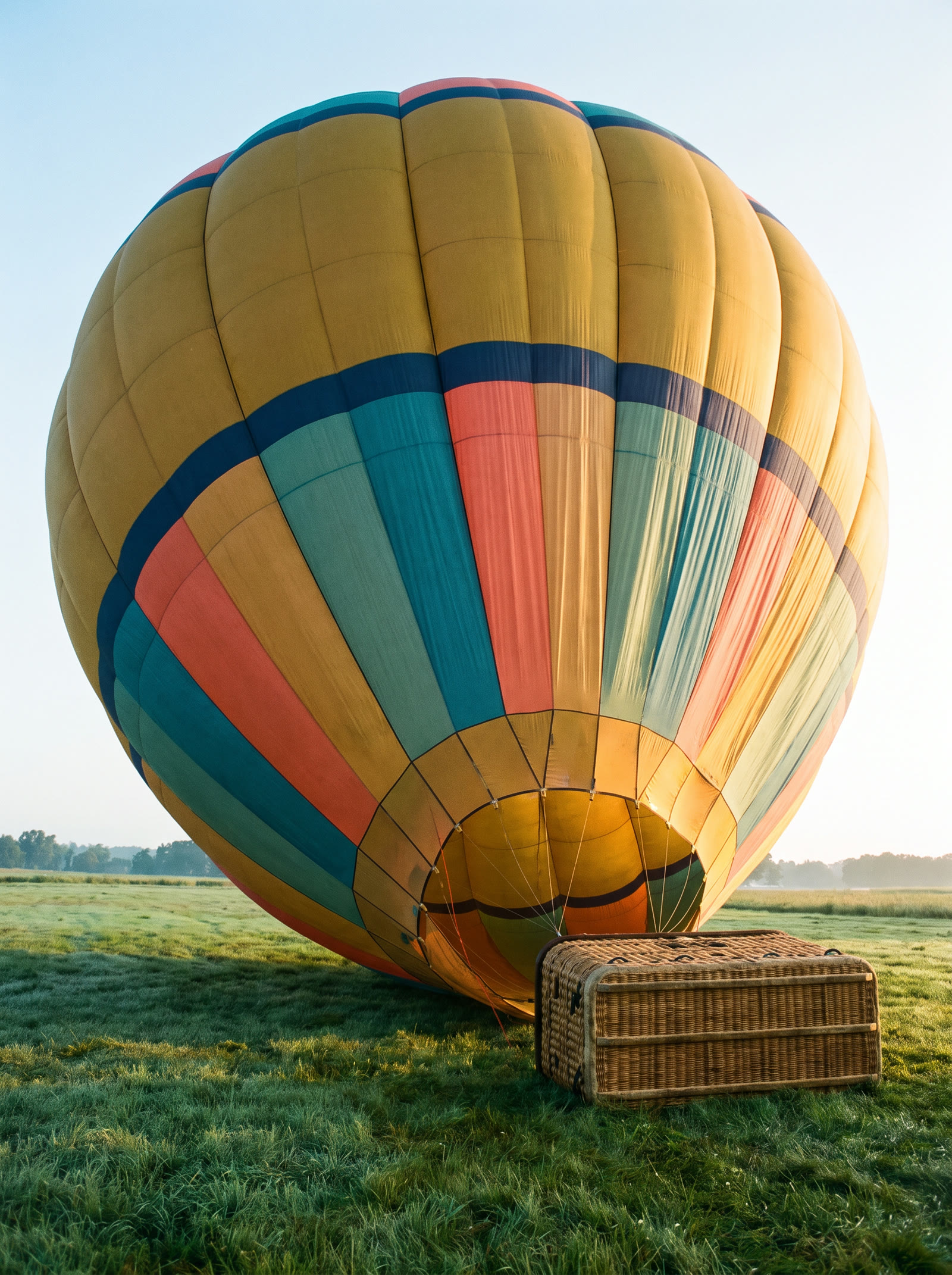 A hot-air balloon with a patchwork envelope of mustard, teal and coral panels and a navy band