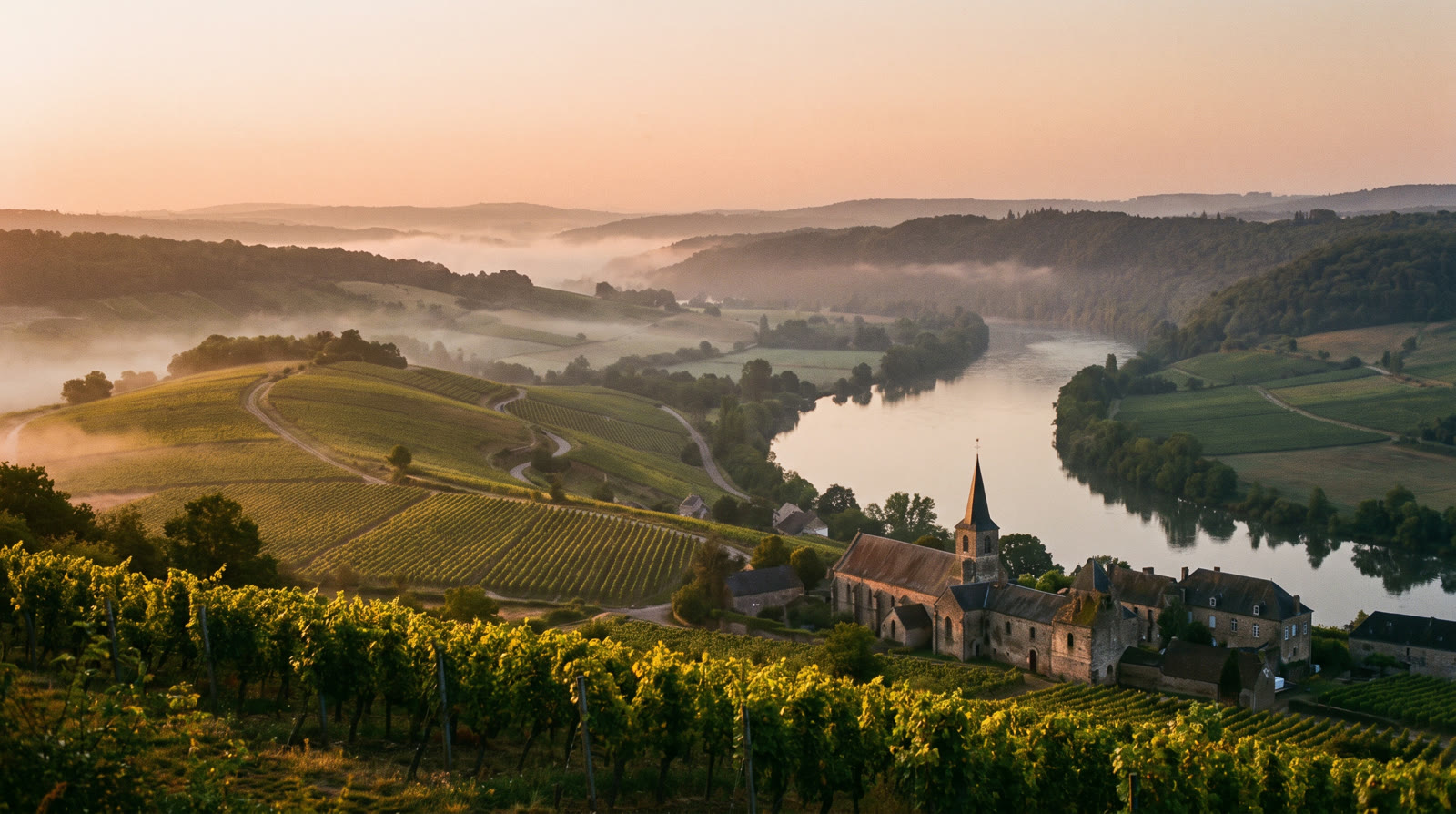 A river valley at sunrise with vineyards, a stone village and a church tower