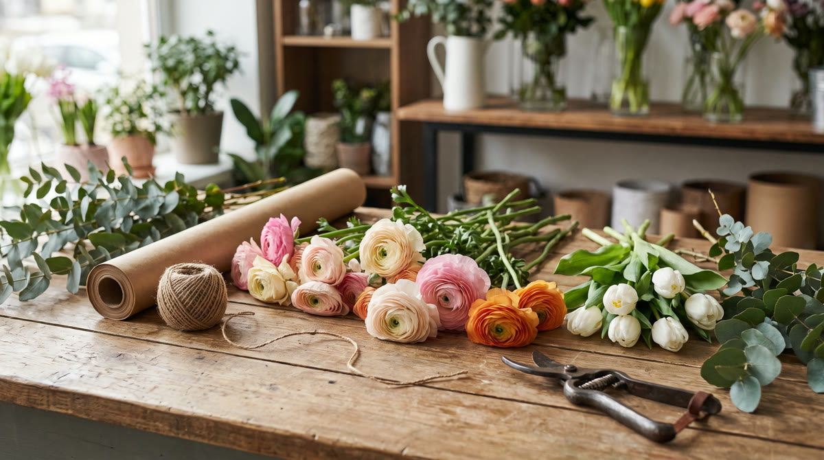 A florist's wooden workbench with loose ranunculus, eucalyptus and white tulip stems, a roll of brown paper, twine and shears.