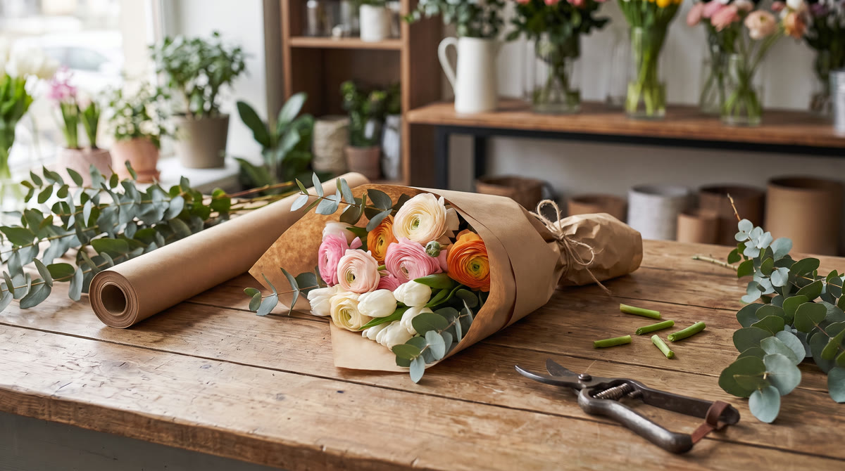 The same workbench with one finished bouquet wrapped in brown paper and tied with twine, trimmed stem ends beside it.