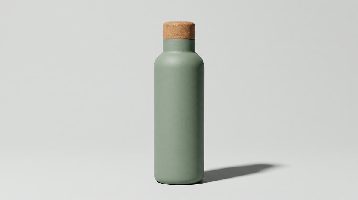 A matte sage-green insulated water bottle with a cork cap on a light grey surface.