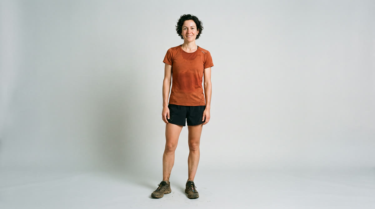 A trail runner with short dark curly hair in a rust-orange top and black shorts against a light grey wall.