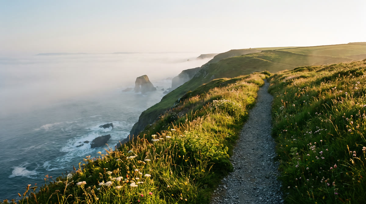 A gravel trail along a green coastal cliff top at sunrise, mist over the sea below.