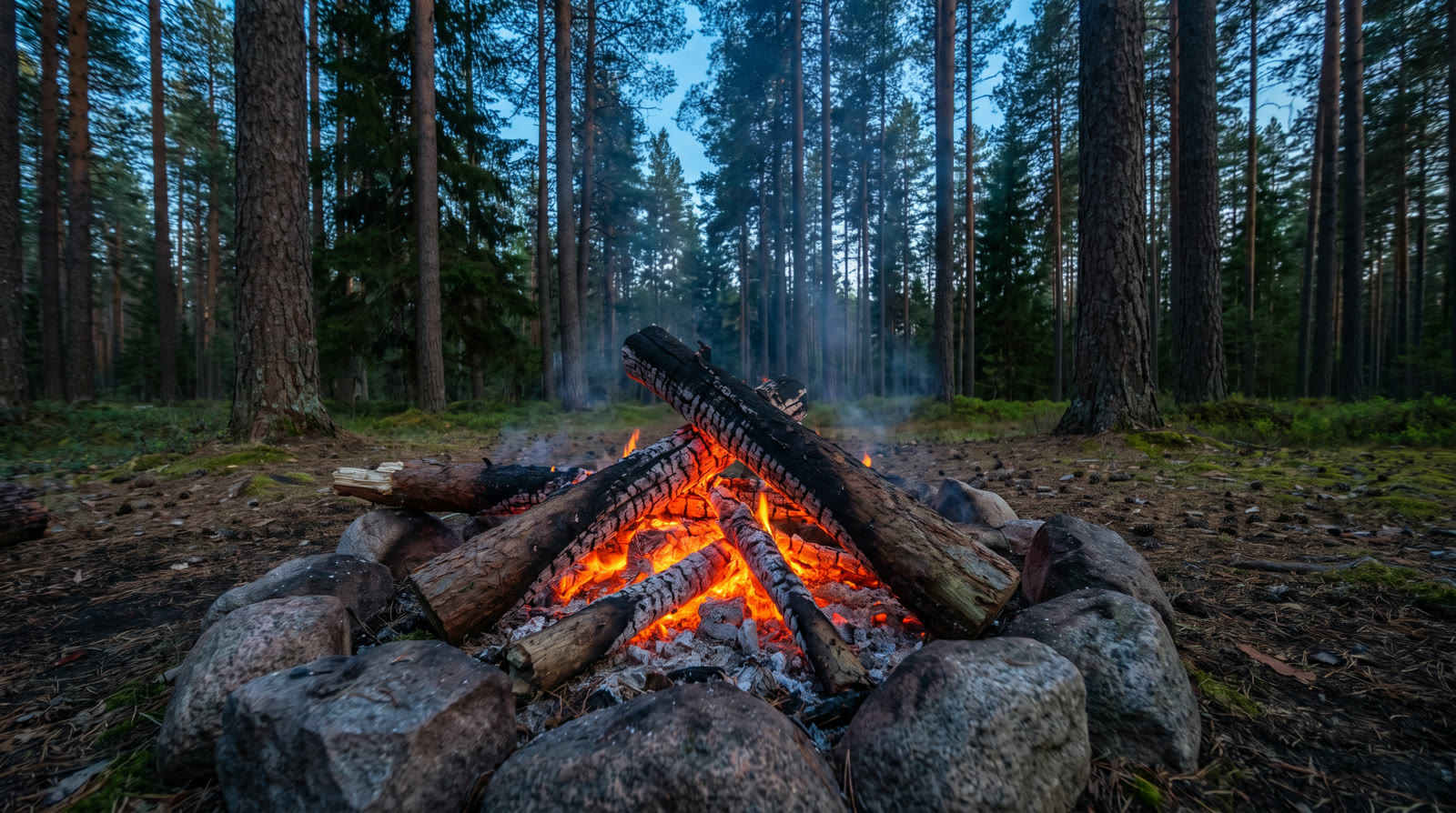 A campfire of stacked pine logs burning low in a ring of gray stones, in a pine forest clearing at dusk