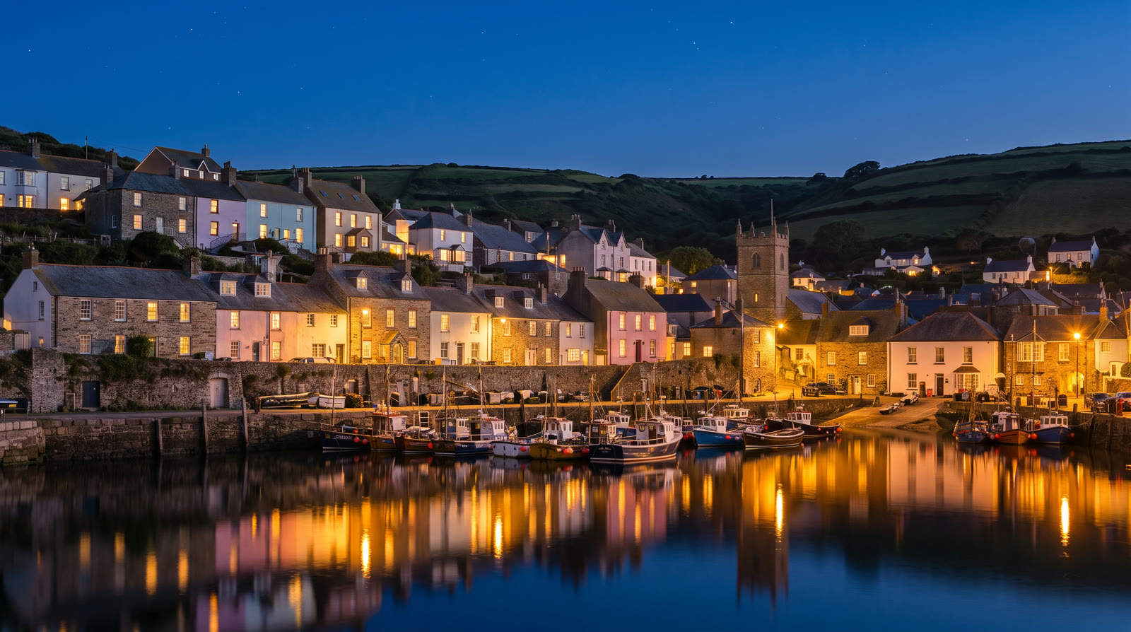 The same harbor at night, lights glowing in the windows and along the quay