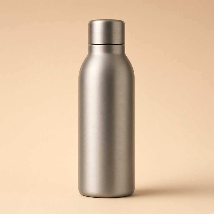 A brushed-titanium flask standing upright on a plain beige background
