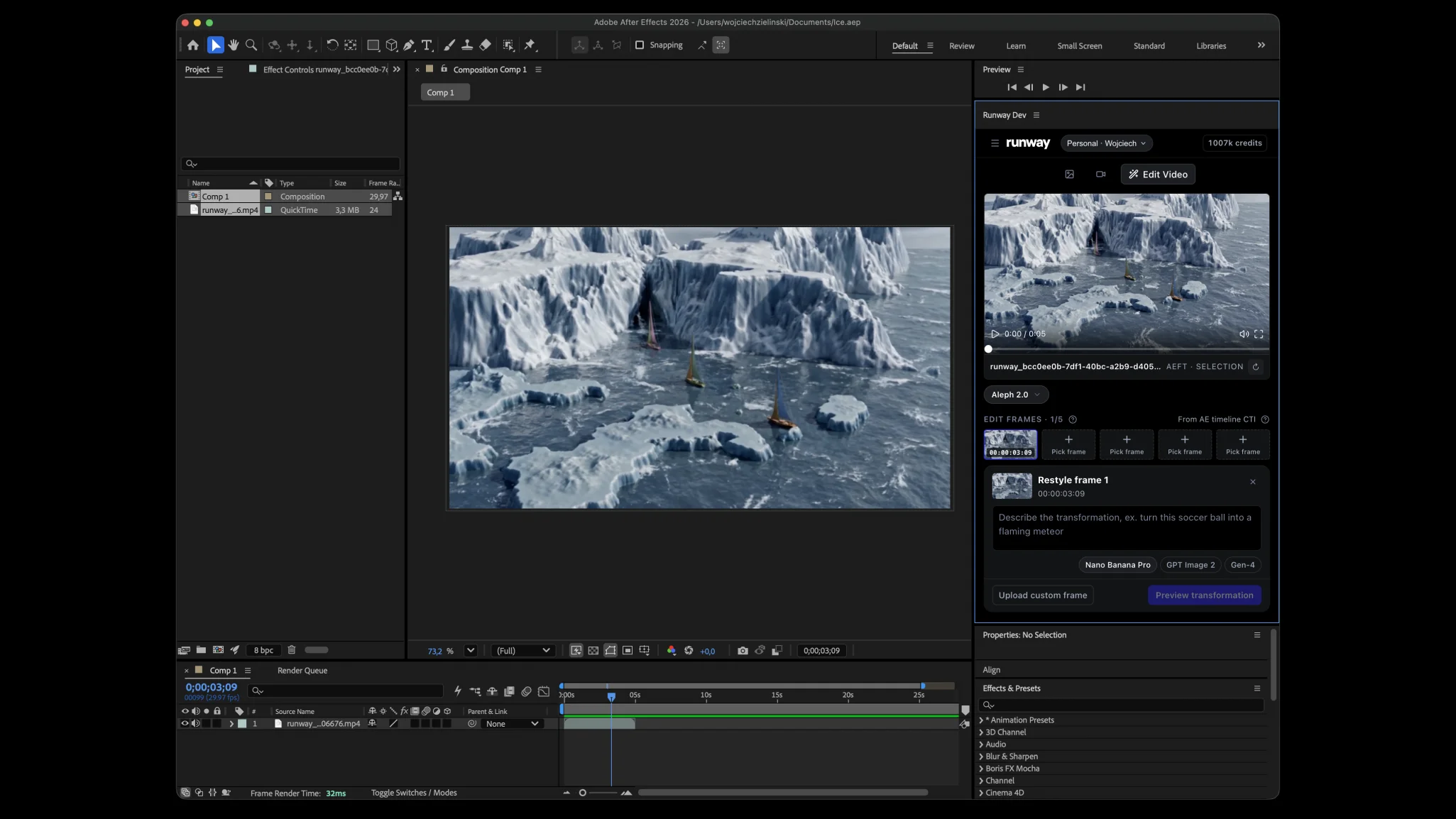 The Runway panel docked in Adobe After Effects, editing a frame of the clip on the timeline