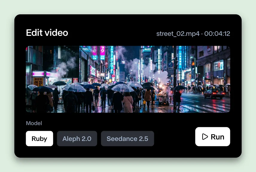 The Runway panel on its Edit video tab, on a mint card: a rainy neon street scene loaded, with Ruby, Aleph 2.0 and Seedance 2.5 model chips and a Run button