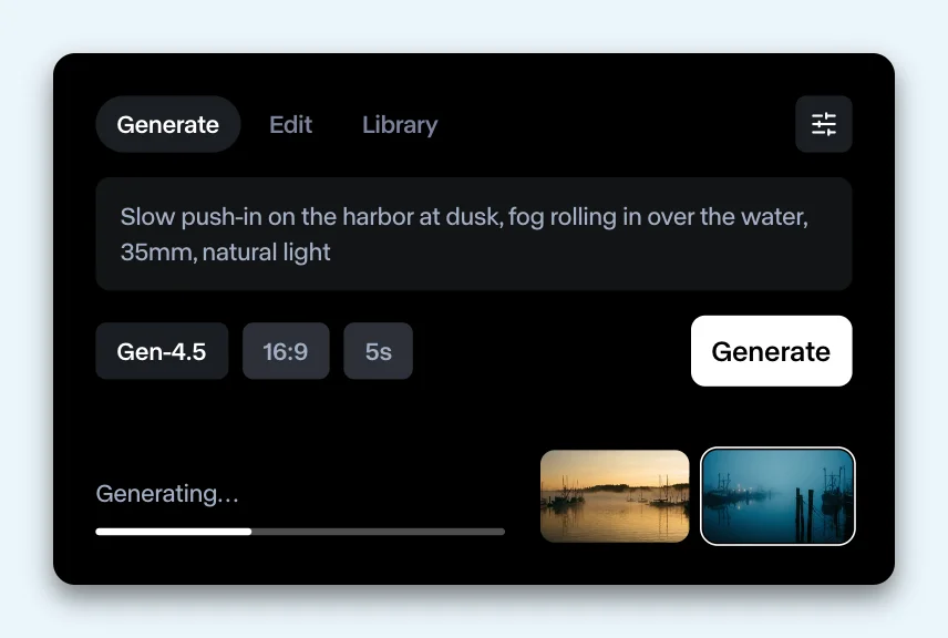 The Runway panel on its Generate tab, on a light blue card: a prompt for a slow push-in on a harbor at dusk, Gen-4.5, 16:9 and 5s chips, a Generate button, and two harbor results with one still generating