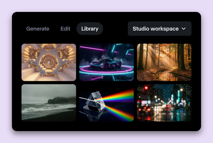 The Runway panel on its Library tab, on a lilac card: six generated clips, from a gilded tunnel to a prism splitting light, under a Studio workspace switcher