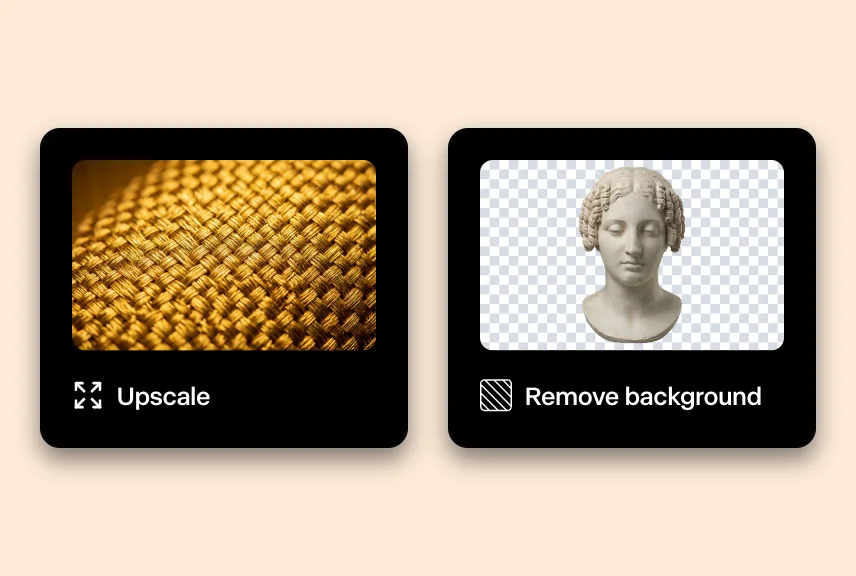 Two result cards from the Runway panel, on a peach card: an upscaled close-up of woven gold fabric, and a marble bust with its background removed