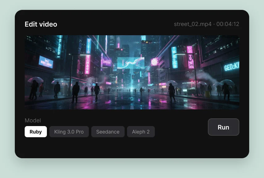 The Runway panel on its Edit video tab, a neon street scene loaded, with a row of model chips and a Run button