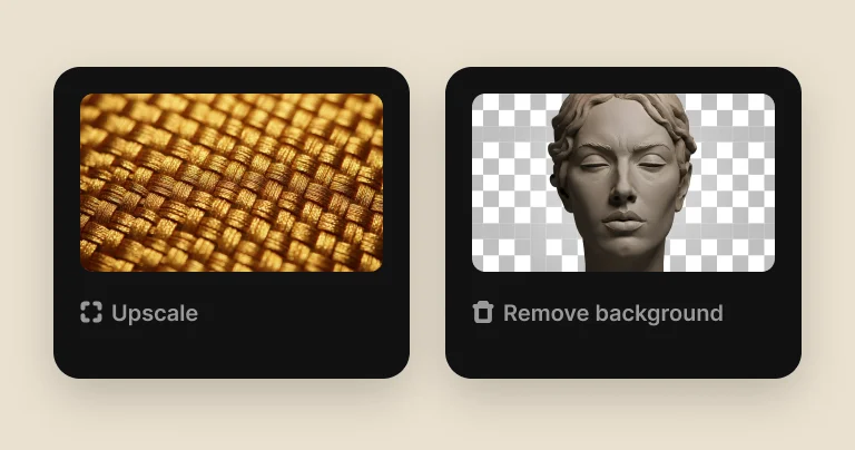 Two result cards from the Runway panel: an upscaled woven texture and a portrait with its background removed