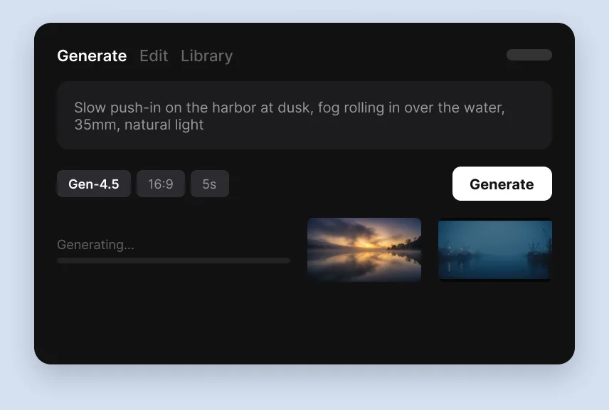 The Runway panel on its Generate tab: a prompt, model, aspect-ratio and duration chips, and two results rendering