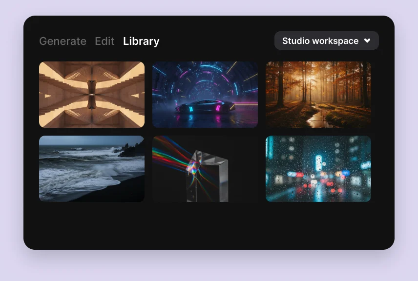 The Runway panel on its Library tab: a grid of six generated clips under a Studio workspace switcher
