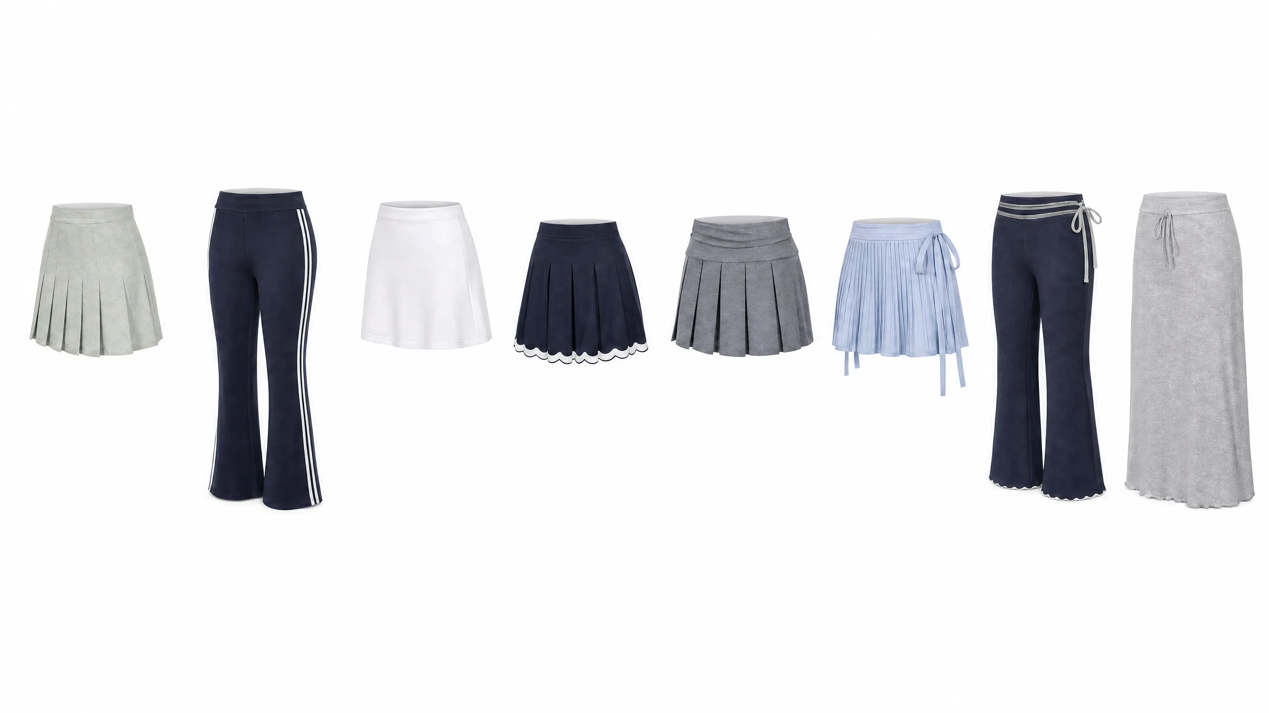 Eight generated bottoms on white: pleated tennis skirts, track pants with side stripes and a long jersey skirt