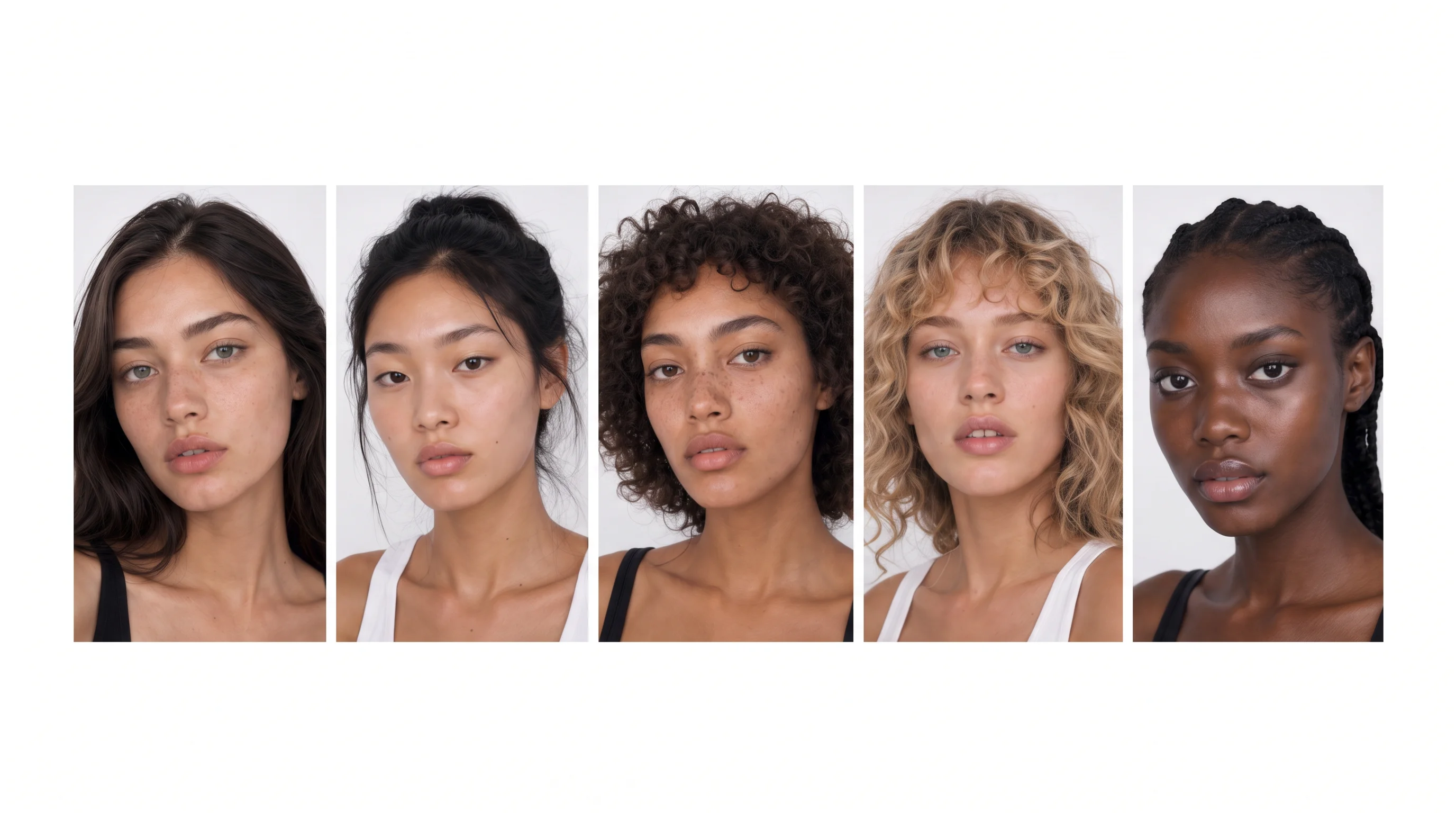 A lineup of five model headshots side by side in a white studio, varied in race and hair, all in their twenties