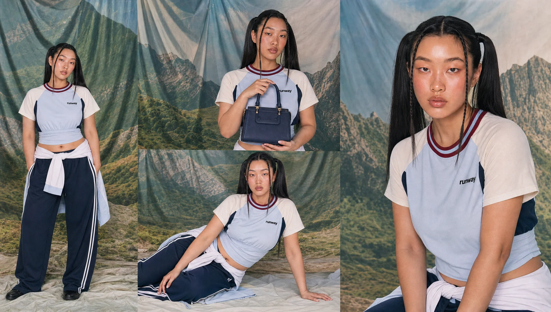 Contact sheet of the model in a cream and blue raglan tee and navy track pants against a painted mountainside backdrop