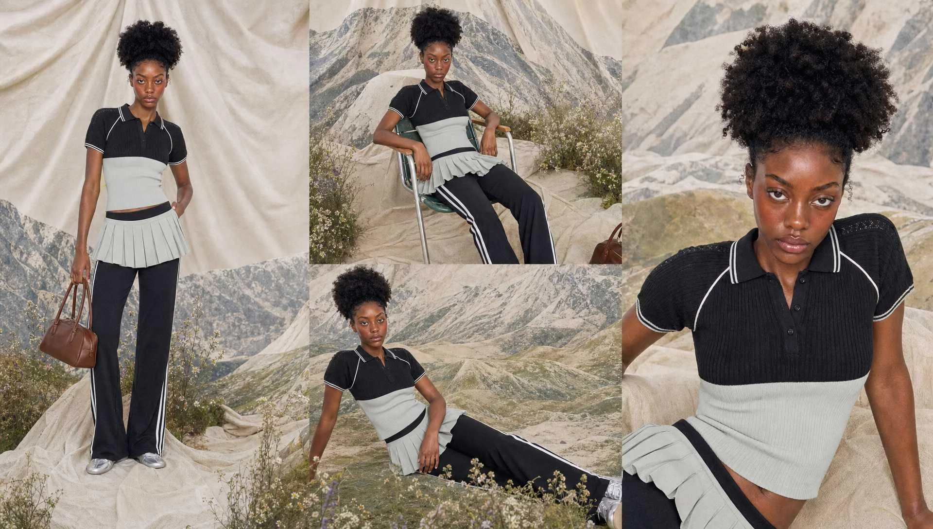 Contact sheet of the model in a black polo and sage pleated overlay over black track pants, on a pale mountainside backdrop