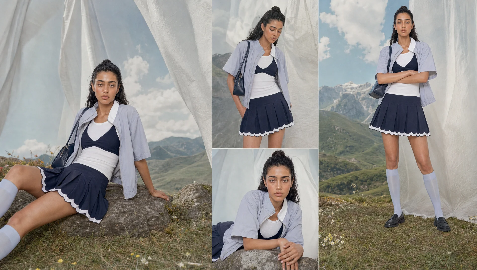 Contact sheet of the model in a grey shirt jacket and navy scalloped tennis skirt, with blue knee socks and loafers