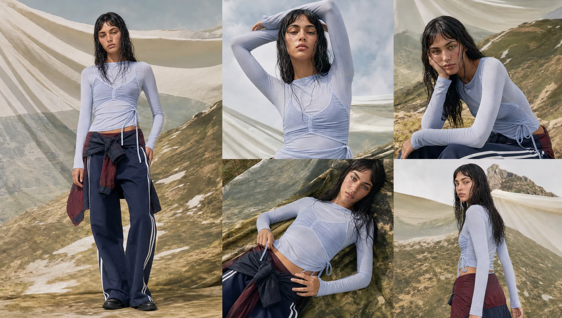Contact sheet of the model in a pale blue ruched long-sleeve top and navy side-stripe trousers, a burgundy layer tied at her waist